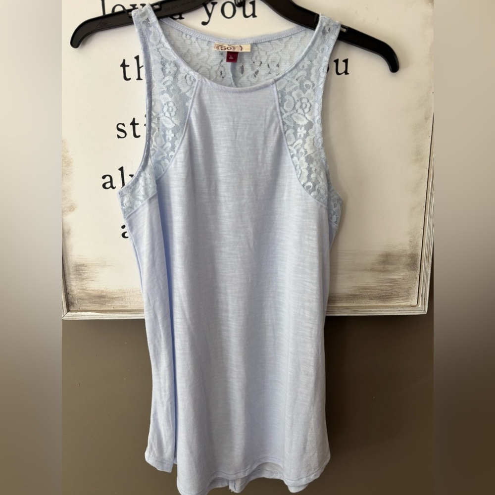 Soft Periwinkle Blue Tank Top w Floral Lace Detailing and Open Slit Back